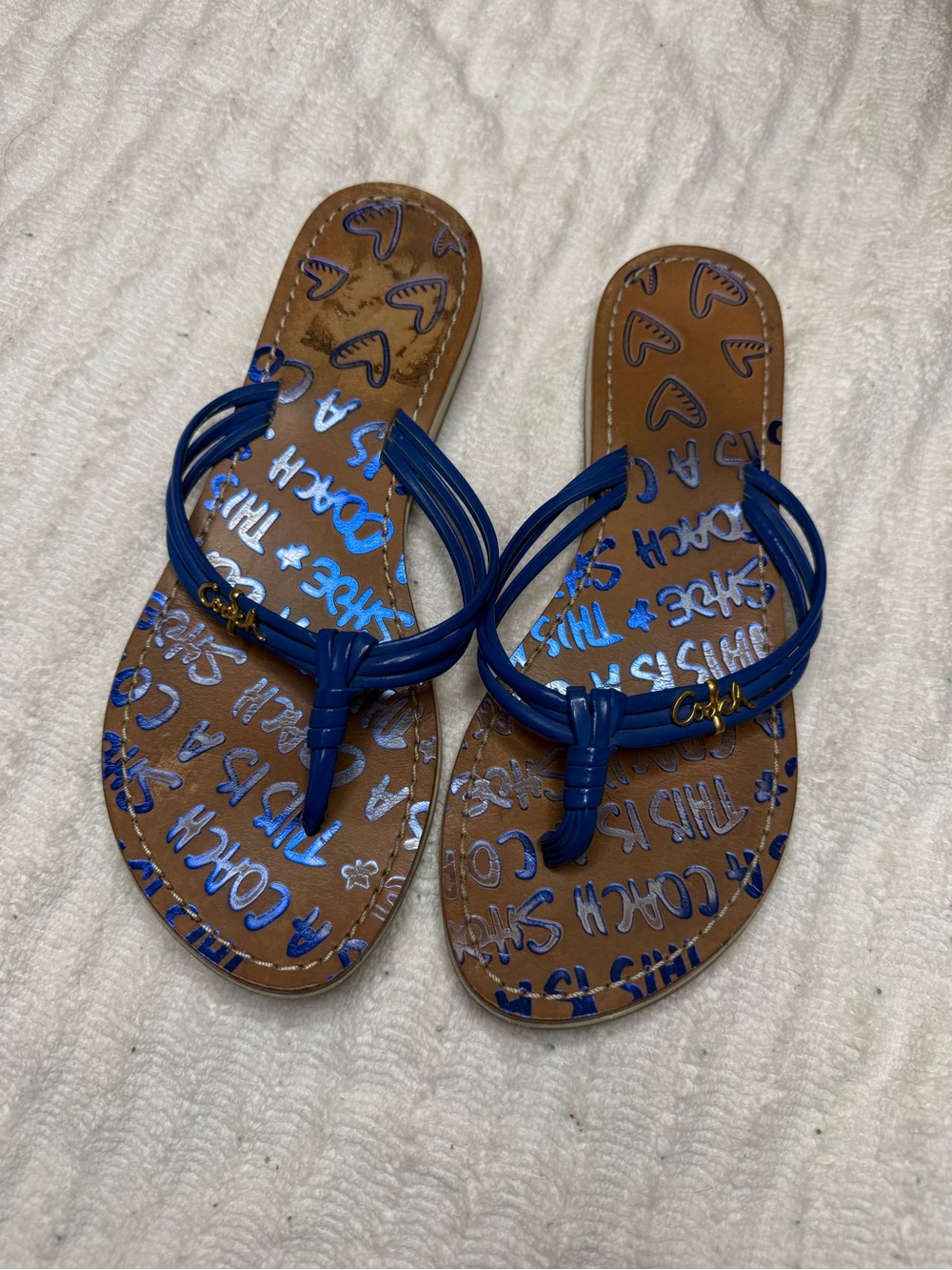 Coach Blue Thong Sandals Flip Flops Graffiti Print Size 6 - Picture 2 of 4